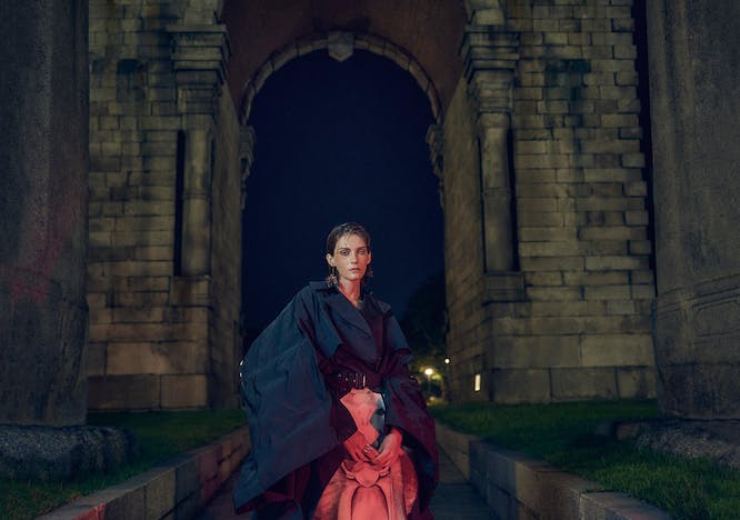 fashion adult female person woman dress monk formal wear gown walkway